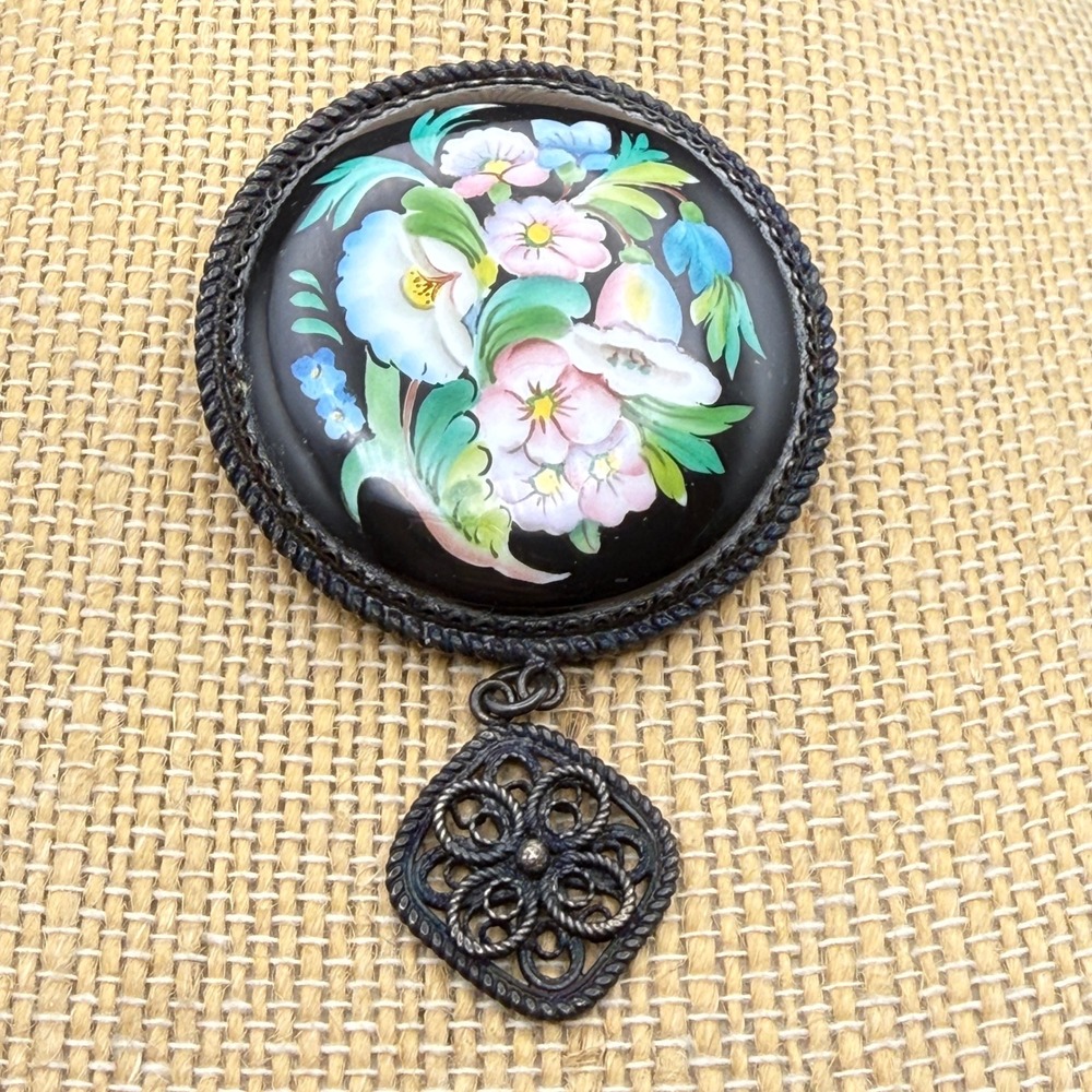 Vintage Hand Painted Floral Brooch Black Domed Cabochon Dangle Filigree Pin